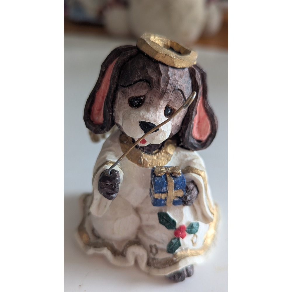 Christmas Dog Angel Figurine Brown White Gold Faux Wood Resin Puppy Decor 3.25in
